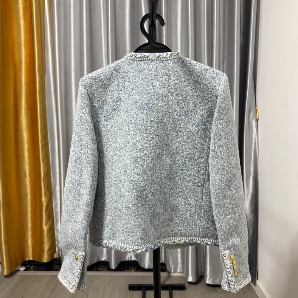 CELINE  baby blue white wool cotton boucle tweed trim jacket - Picture 3 of 9